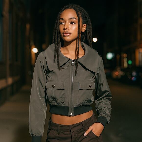 Simply Vera Nylon Utility Bomber Jacket Army Green Retro Y2K Streetwear Small - Picture 1 of 10